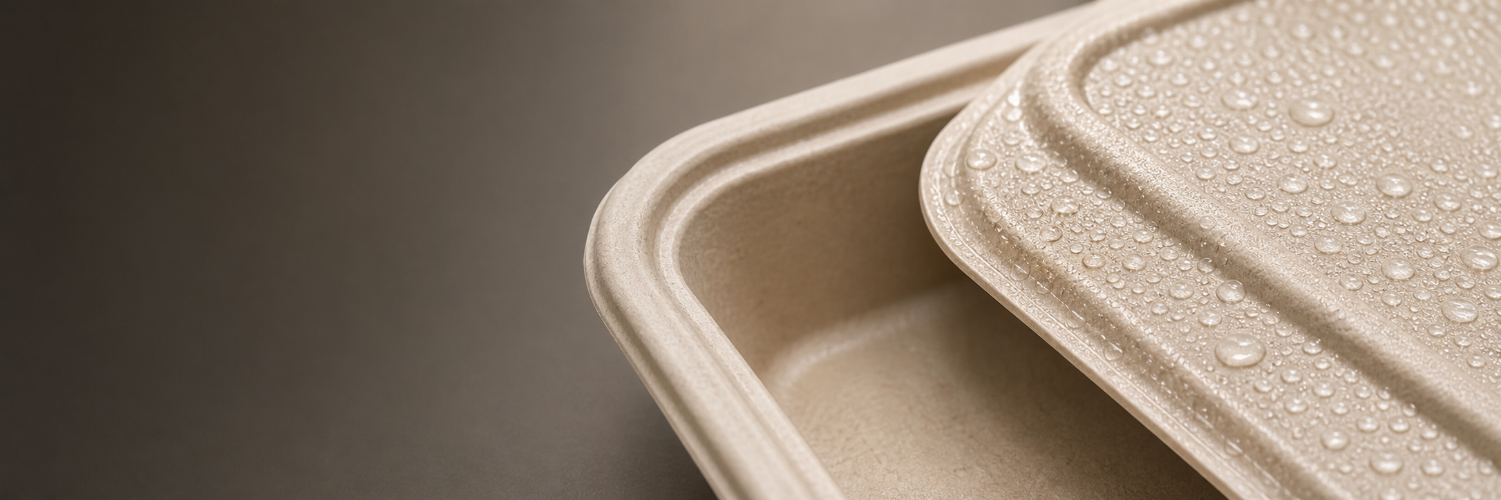 Film-laminated molded fiber packaging close-up with water droplets